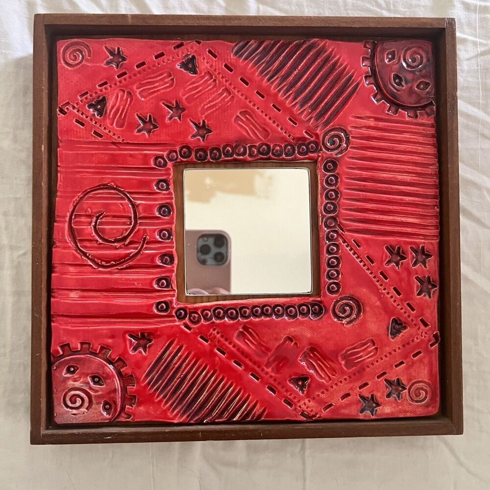 Handmade Ceramic Art Mirror Red Folk Art Sun Stars 9.5” Wall Decor”